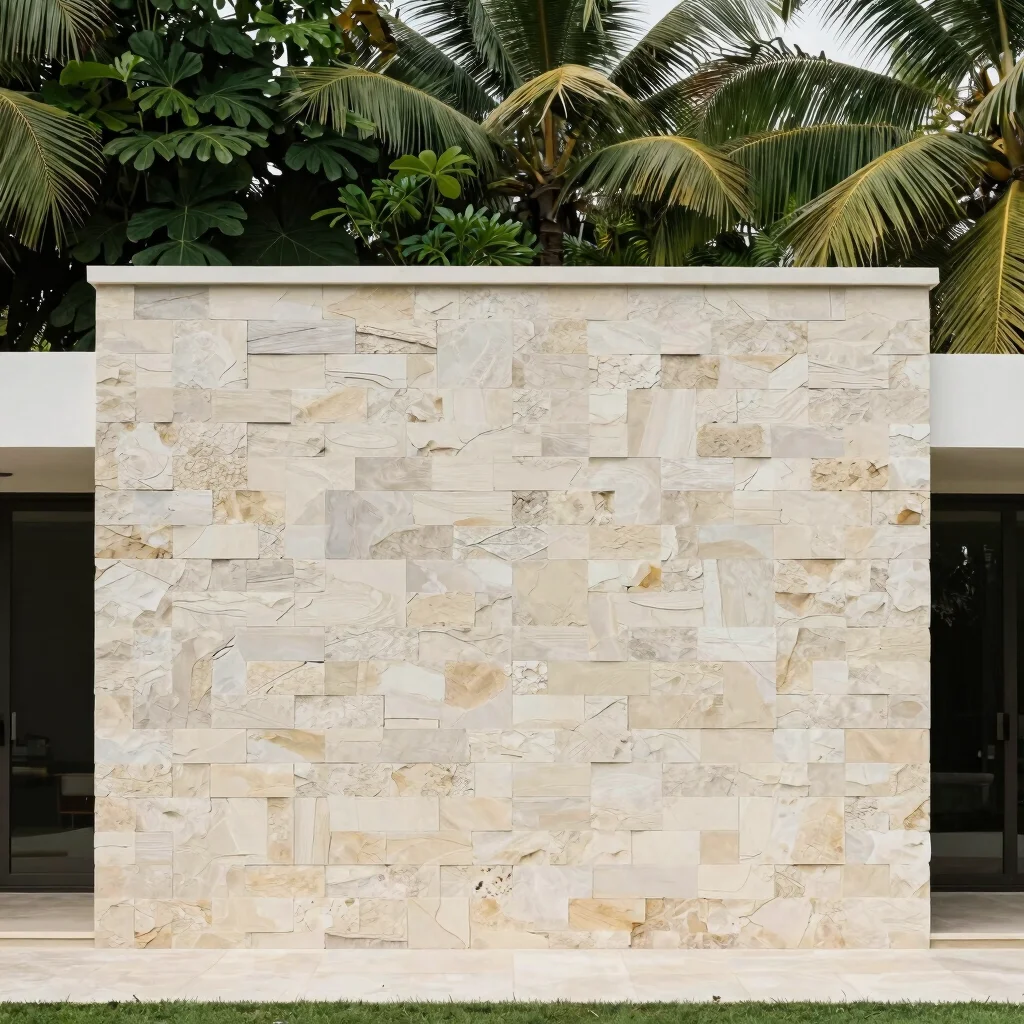 Wide view of natural stone cladding on a tropical home facade, so