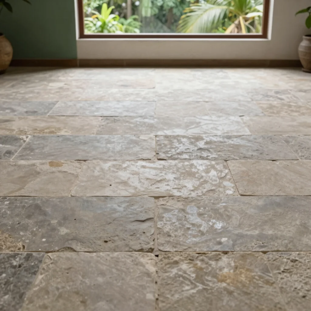 Close detail of natural stone floor tiles with warm stone-gray to